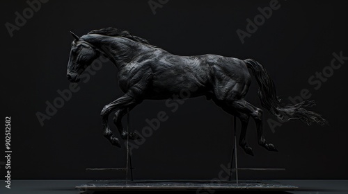 Model of a black horse on a metal structure. Statue or plastic. On a black background.