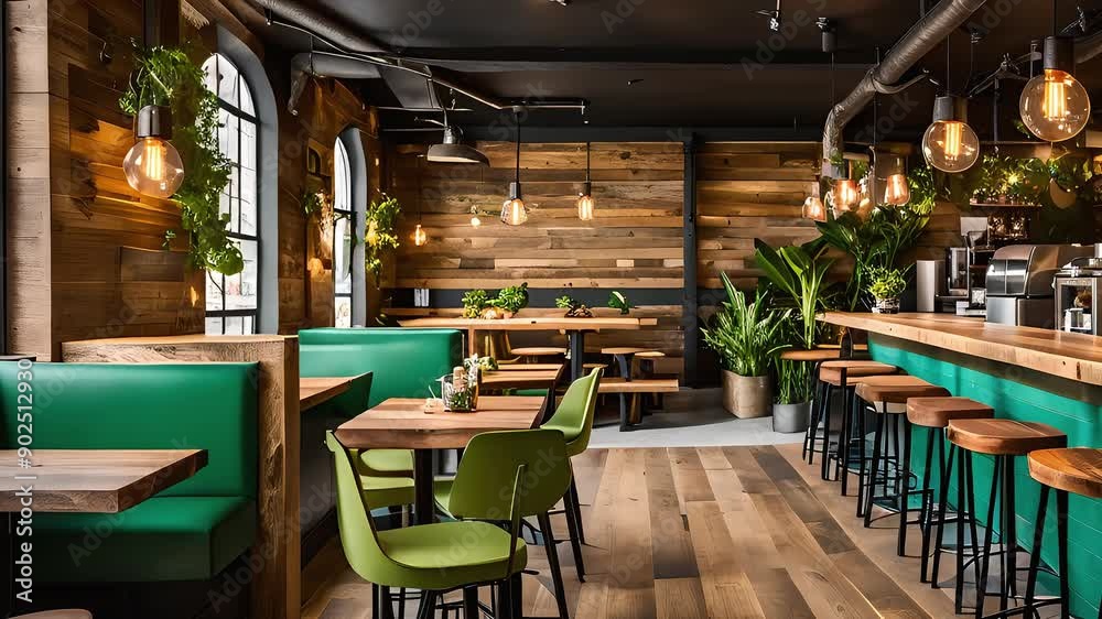 Trendy modern cafe with industrial lighting and colorful decor