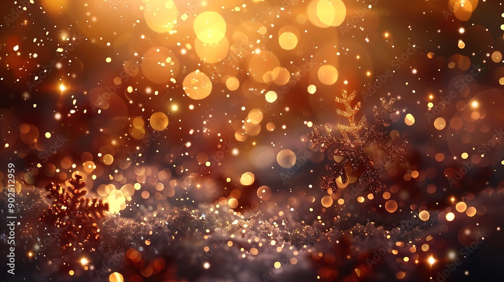 Shimmering winter scene with snowflakes and golden lights, creating a magical and festive atmosphere. Shimmering winter scene with snowflakes and golden lights, creating a magical and festive atmosphere.