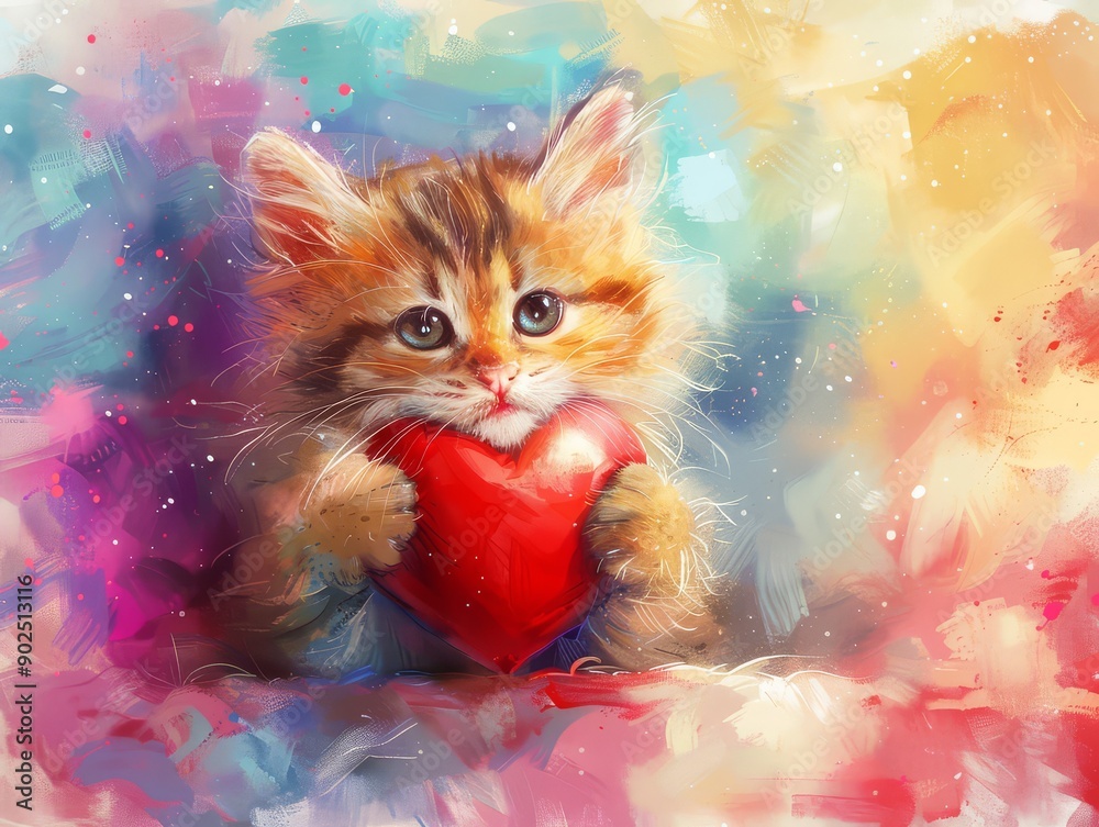 Adorable Kitten Holding a Red Heart in a Colorful Setting Adorable Kitten Holding a Red Heart in a Colorful Setting