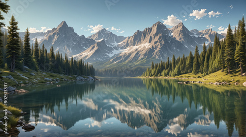 Tranquil Mountain Landscape with Reflective Lake Under Clear Blue Skies photo