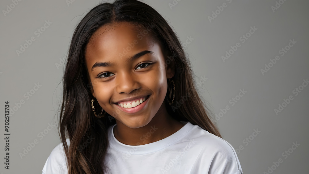 Teenage african american girl with dark flowing thick hair smiling broadly in white t-shirt on light background Teenage african american girl with dark flowing thick hair smiling broadly in white t-shirt on light background