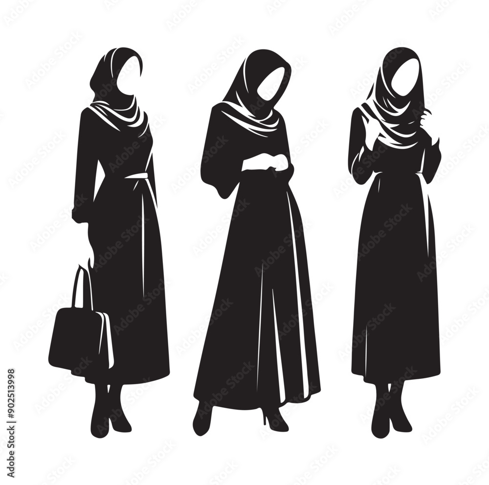 Hijab Style Standing Silhouettes Vector Illustration