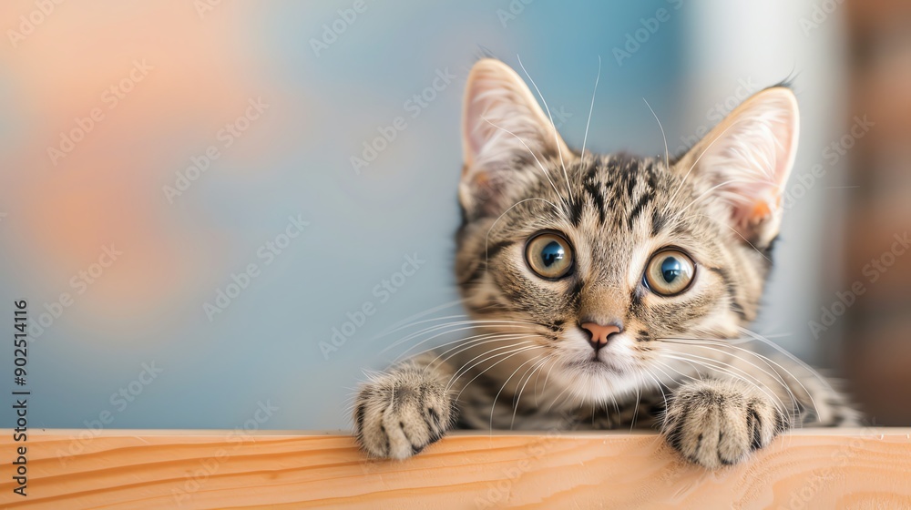 Adorable kitten peeking over a wooden surface with wide, curious eyes, perfect for animal and pet-themed projects. Adorable kitten peeking over a wooden surface with wide, curious eyes, perfect for animal and pet-themed projects.