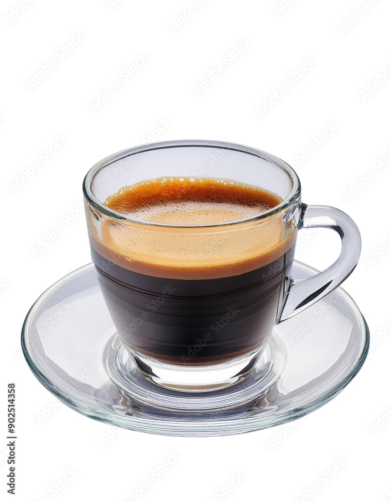 A close-up of a refreshing cup of hot espresso on a clear glass saucer, showcasing rich coffee layers and a perfect crema. A close-up of a refreshing cup of hot espresso on a clear glass saucer, showcasing rich coffee layers and a perfect crema.