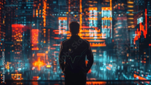 Wallpaper Mural A silhouette of a man standing before a vibrant cityscape, showcasing technology and urban development in a futuristic setting. Torontodigital.ca