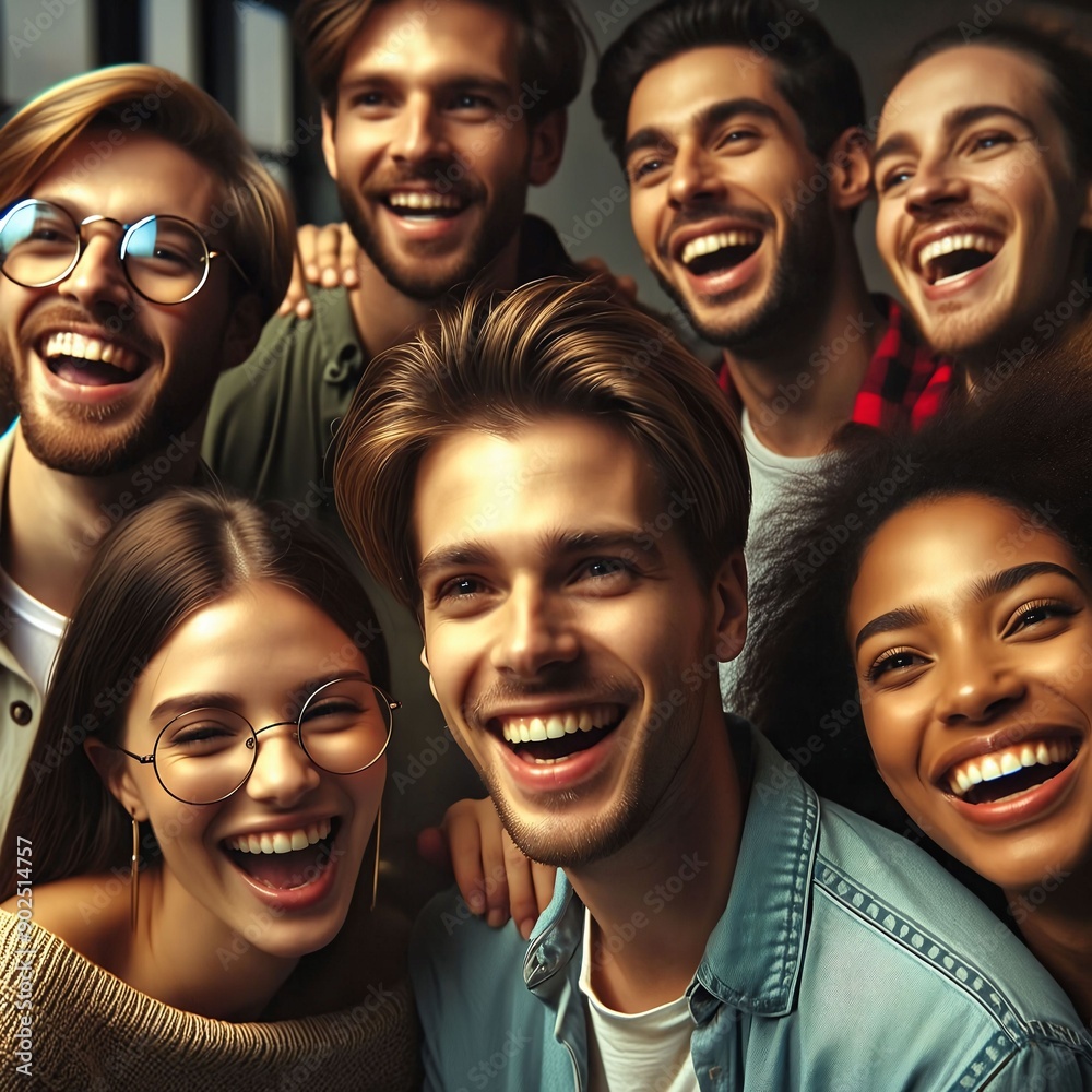 Group of joyful people laughing together. Happiness. The diverse group, showcasing enjoyment of social activities. Shared fun during a group project, excursion, or community course. Generative AI Group of joyful people laughing together. Happiness. The diverse group, showcasing enjoyment of social activities. Shared fun during a group project, excursion, or community course. Generative AI