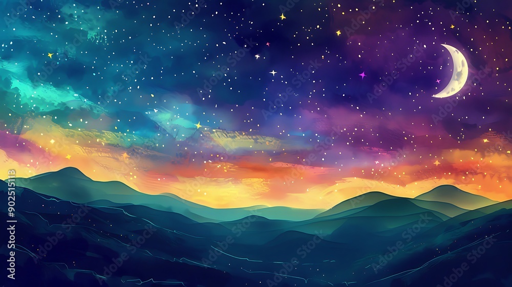 Naklejka premium Digital painting depicting a serene night sky with a crescent moon and countless stars above a mountain range. The vibrant colors and starry sky create a magical and dreamlike atmosphere.