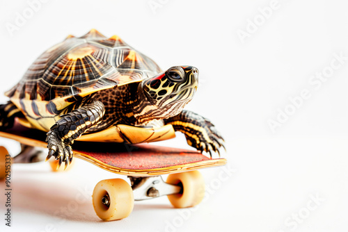 Turtle on a skateboard on a white background, the concept of acceleration of technological progresss, copyspace photo