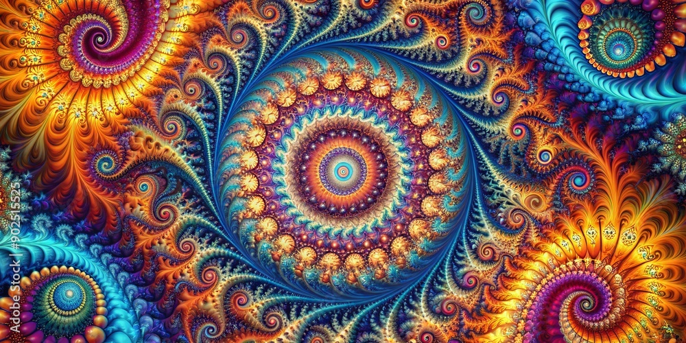 Vibrant, kaleidoscopic fractal patterns swirl and merge, creating an infinite repeat background of mesmerizing, intricate shapes that stretch into the horizon. Vibrant, kaleidoscopic fractal patterns swirl and merge, creating an infinite repeat background of mesmerizing, intricate shapes that stretch into the horizon.