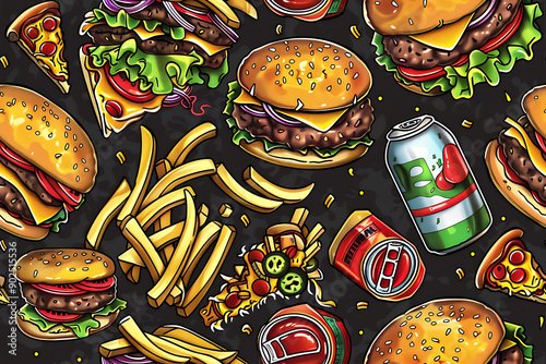 Seamless colorful pattern with fast food