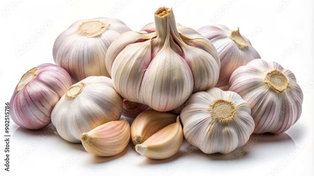 Close-up of Fresh Garlic Bulbs and Cloves on White Background, food , ingredient , healthy , spice Close-up of Fresh Garlic Bulbs and Cloves on White Background, food , ingredient , healthy , spice