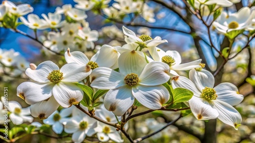 Close-up of Dogwood Blossoms, Vibrant White Petals, Springtime Beauty, Sunlight on Flowers, Dogwood, Spring, Flowers