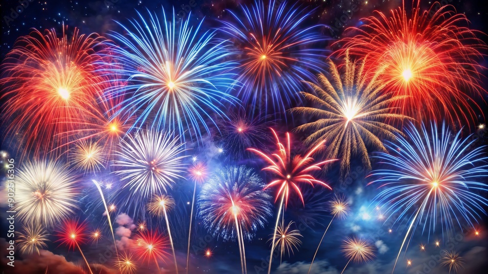 Fototapeta premium Vibrant red, white, and blue fireworks explode in the night sky, creating a stunning patriotic background perfect for July 4th or Memorial Day celebrations.