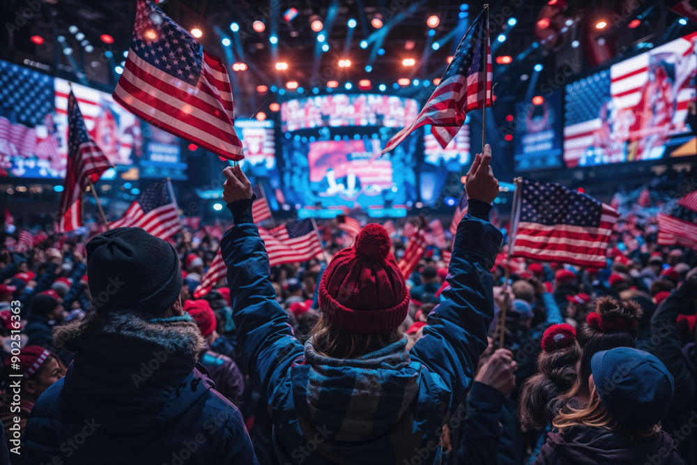 Crowd of people holding american flags waving at political rally Crowd of people holding american flags waving at political rally