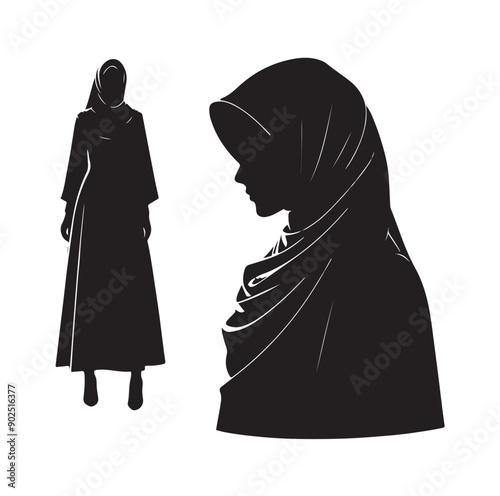 Hijab Style Standing Silhouettes Vector Illustration