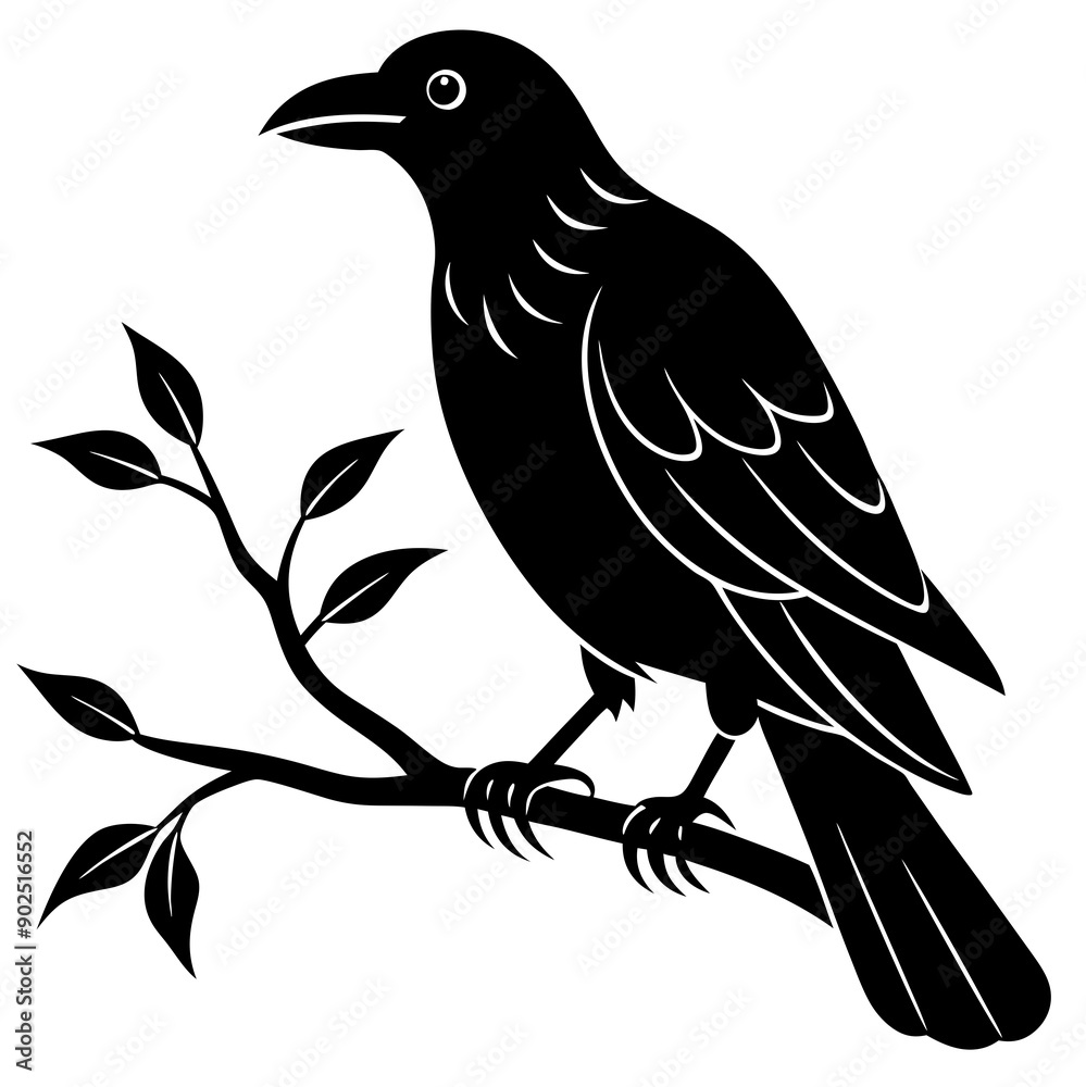 Fototapeta premium Black crow on a tree branch. Vector illustration isolated silhouette with white Background.