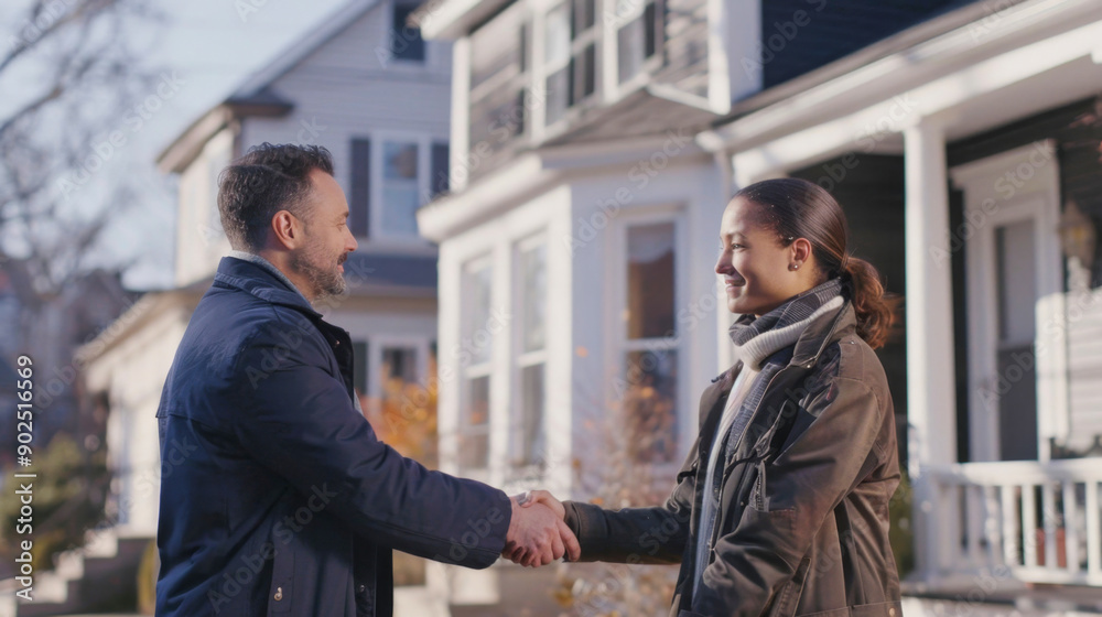 Real estate agent shaking hands with client in front of house Real estate agent shaking hands with client in front of house