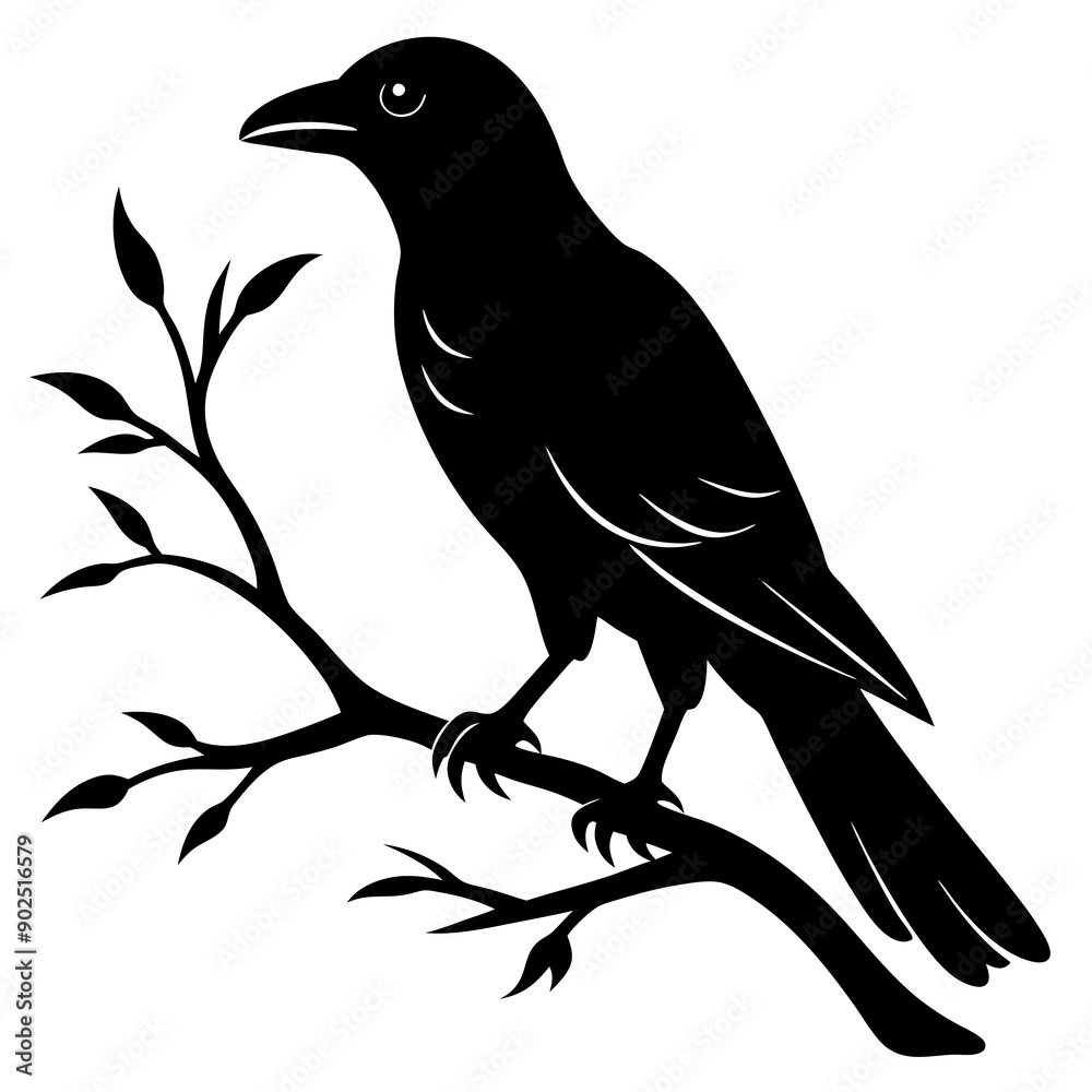 Fototapeta premium Black crow on a tree branch. Vector illustration isolated silhouette with white Background.