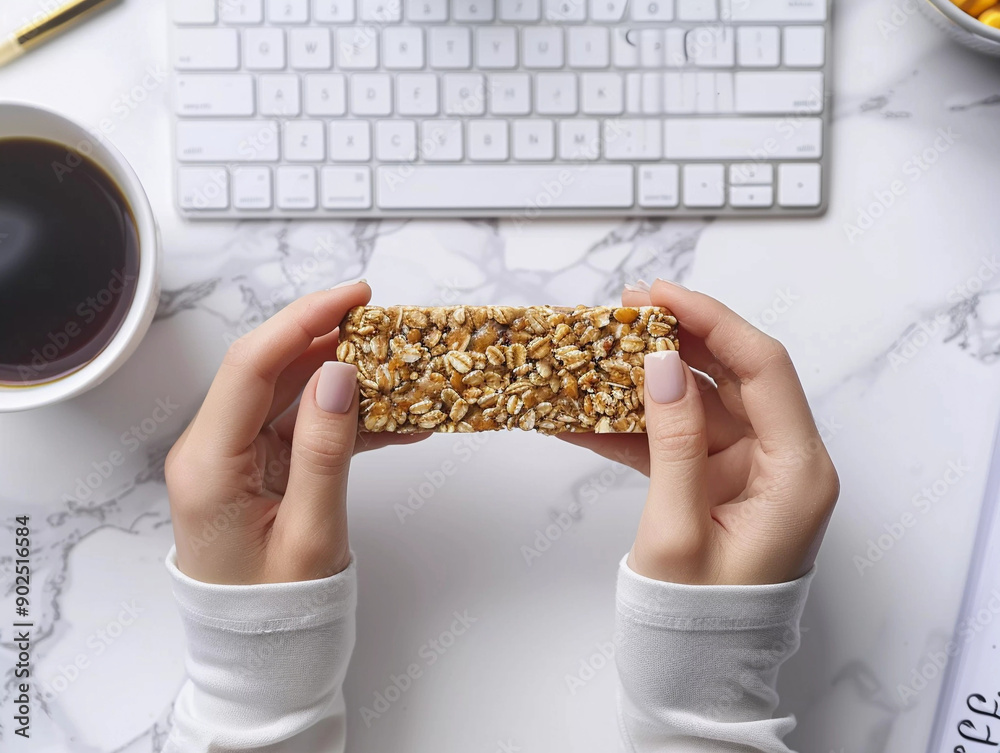 Obraz premium Breakfast Bar Nut Bar Protein Bar Cup Coffee Laptop Women Hands