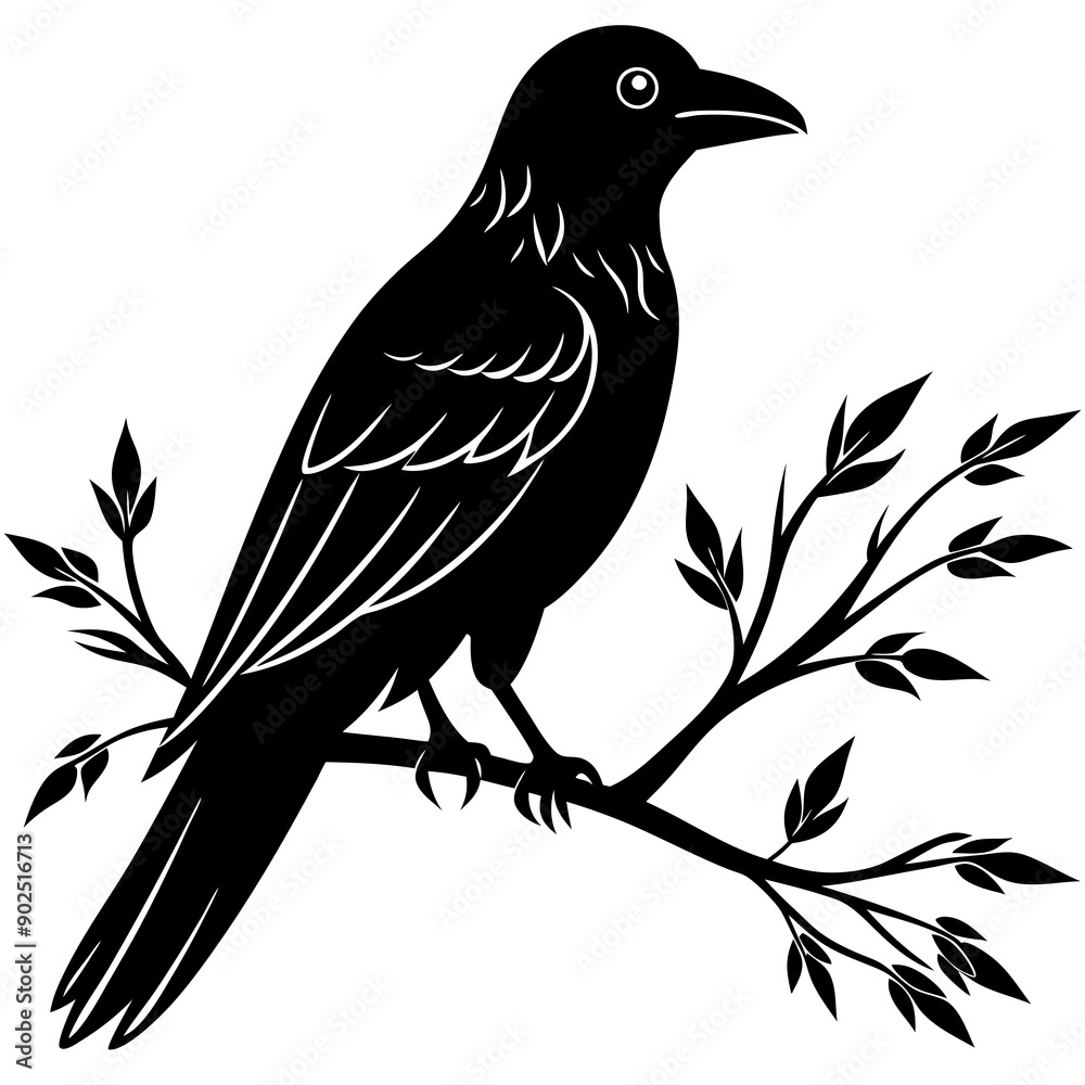 Obraz premium Black crow on a tree branch. Vector illustration isolated silhouette with white Background.