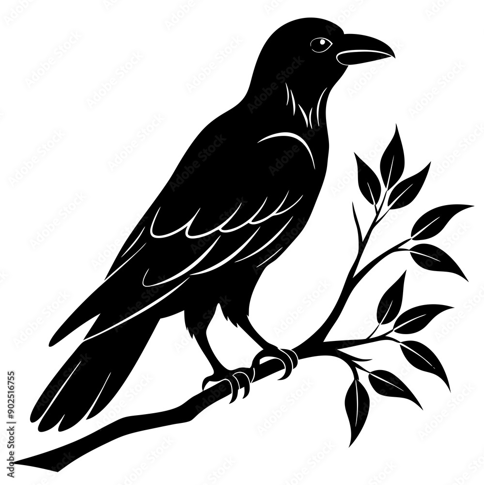 Fototapeta premium Black crow on a tree branch. Vector illustration isolated silhouette with white Background.