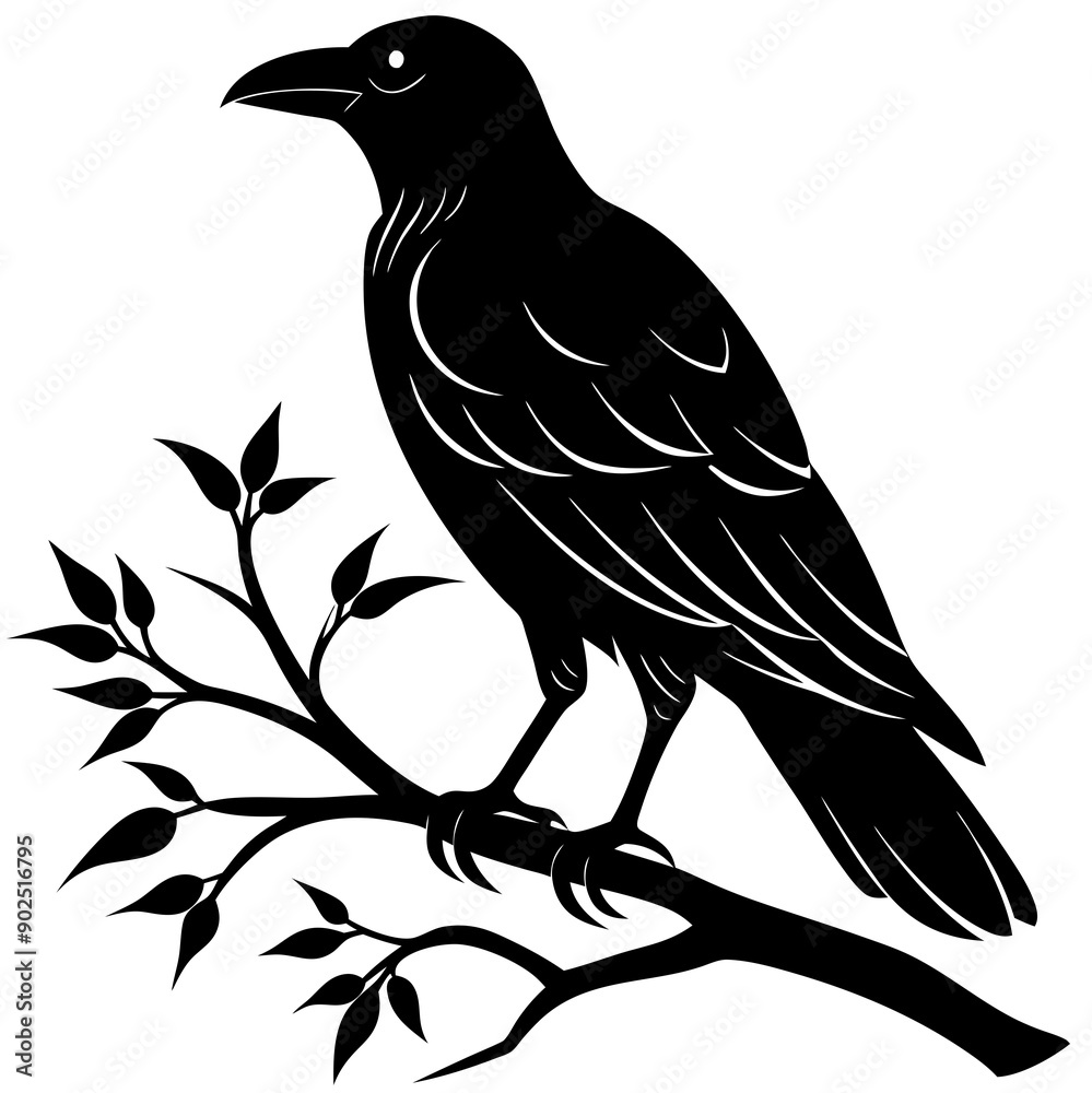 Obraz premium Black crow on a tree branch. Vector illustration isolated silhouette with white Background.