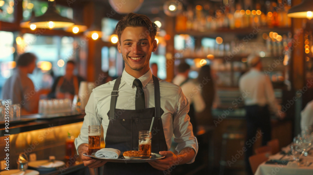 Young waiter smiling and holding a tray with beer and food in a crowded pub Young waiter smiling and holding a tray with beer and food in a crowded pub