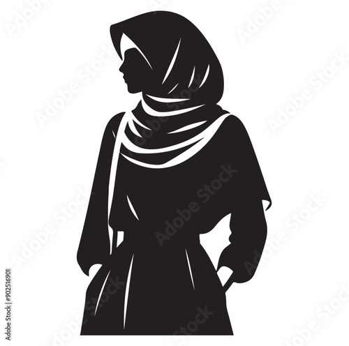 Hijab Style Standing Silhouettes Vector Illustration