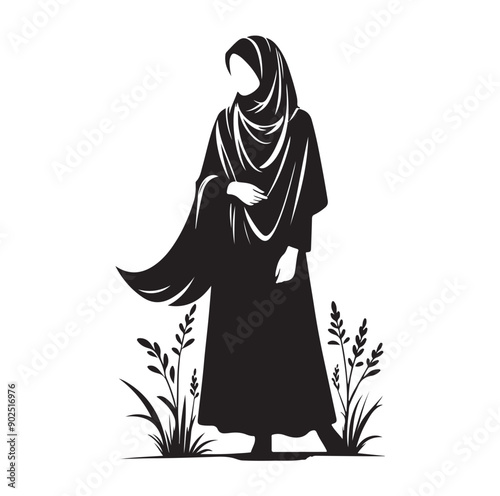 Hijab Style Standing Silhouettes Vector Illustration