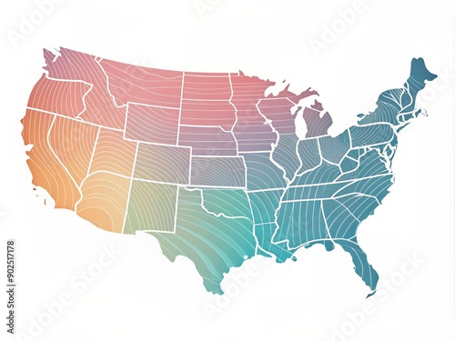 Simple, sleek, and modern illustration of the United States map with bold lines, gentle curves, and soft pastel colors on a clean white background. photo