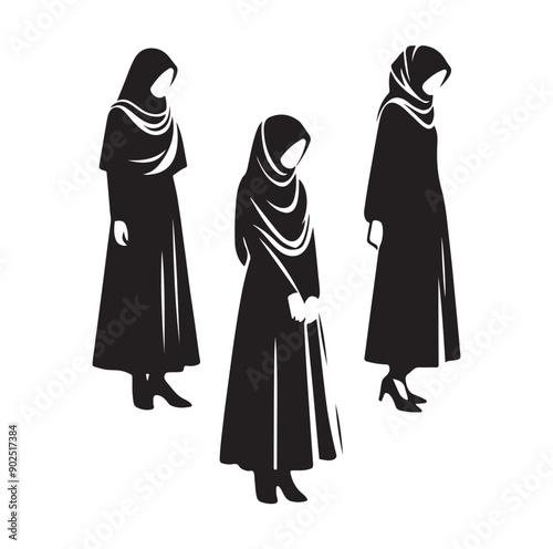 Hijab Style Standing Silhouettes Vector Illustration