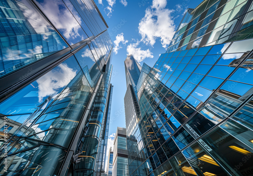 Obraz premium Dynamic reflections of london's skyscrapers beneath a vast blue sky