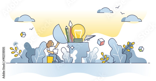 Creative thinking with new ideas as innovative solution outline concept, transparent background.Out of box approach to business with open mind and inspirational person illustration.