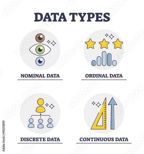 Data types and scientific info classification and division groups explanation outline diagram, transparent background. Labeled educational nominal, ordinal.