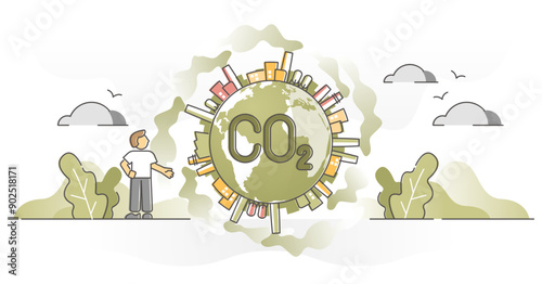 Global emissions as CO2 carbon dioxide smoke cloud around planet outline concept, transparent background. Air pollution problem from greenhouse gases and fossil fuel illustration.
