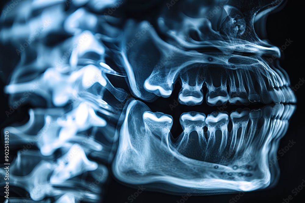 detailed x-ray of a human skull and jawbone highlighting dental and ...