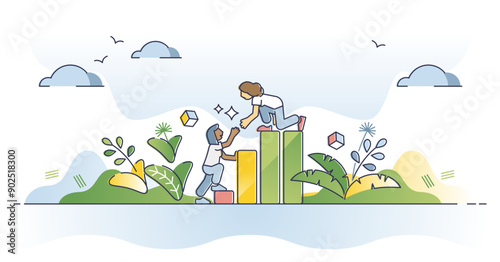 Support and financial help as assistance for profit growth outline concept, transparent background. Escape from bankruptcy crisis with partner advice and protection illustration.