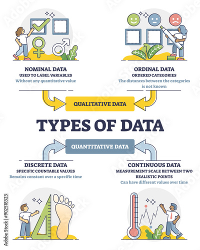 Data types diagram in labeled educational classification outline diagram, transparent background. Qualitative and quantitative division for crowd analysis illustration. Nominal, ordinal, discrete.
