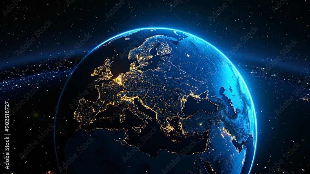 Obraz premium Earth's Night Lights A Digital Rendering of Europe's Cityscapes, Space, Night, Globe, Earth,
