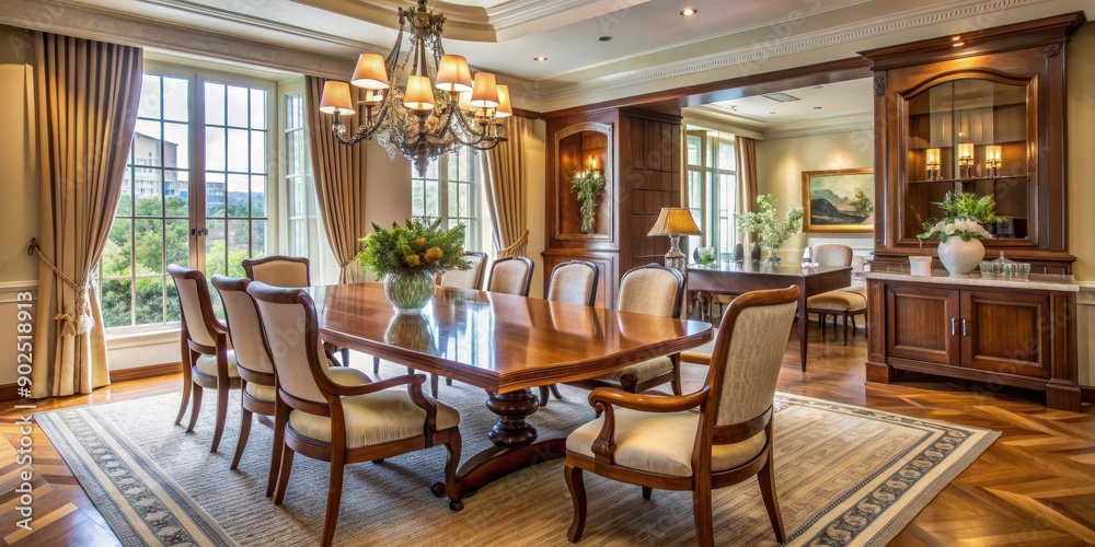 Elegant Dining Room with Chandelier and Wooden Furniture, dining room, interior design, chandelier, furniture , wood Elegant Dining Room with Chandelier and Wooden Furniture, dining room, interior design, chandelier, furniture , wood