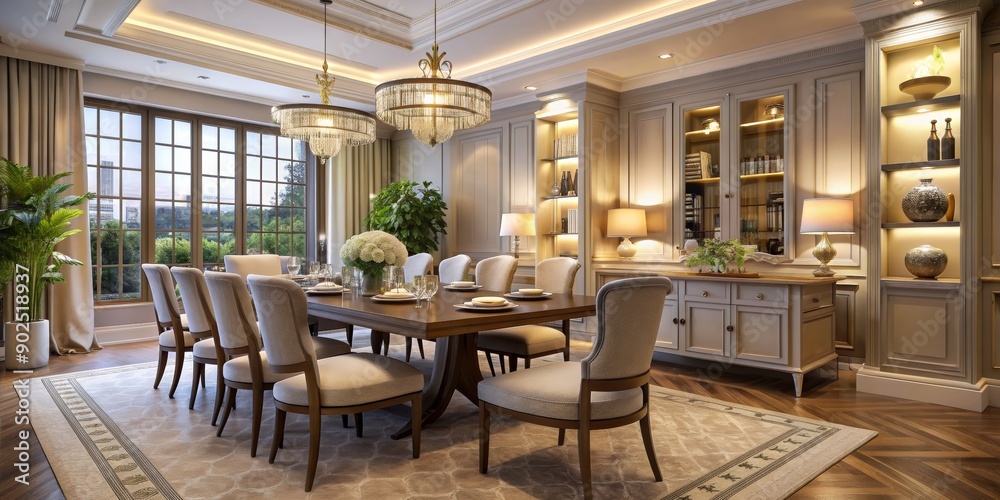 Elegant Dining Room with Crystal Chandeliers and Wood Floors, interior design, dining room, luxury home, furniture Elegant Dining Room with Crystal Chandeliers and Wood Floors, interior design, dining room, luxury home, furniture