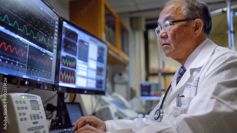 a cardiologist examines a patient's cardiogram. a cardiologist examines a patient's cardiogram.
