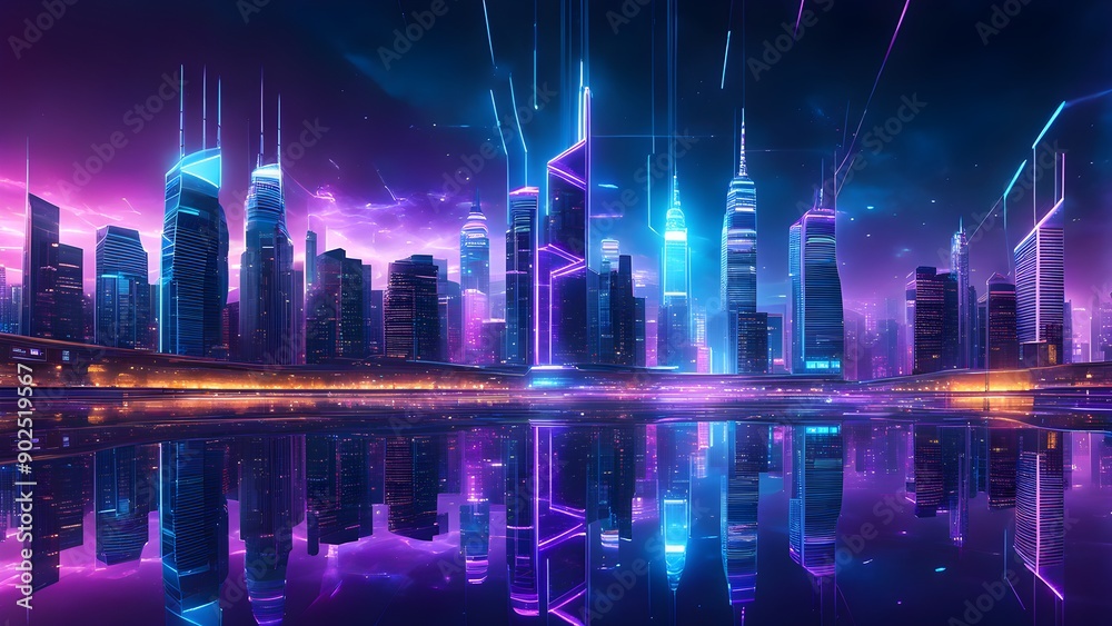 A city skyline is reflected in a body of water A city skyline is reflected in a body of water