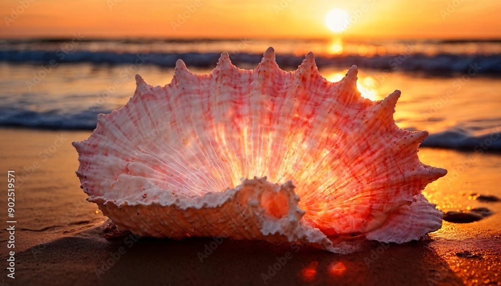 a large pink seashell on the seashore against the background of a beautiful sunset a large pink seashell on the seashore against the background of a beautiful sunset