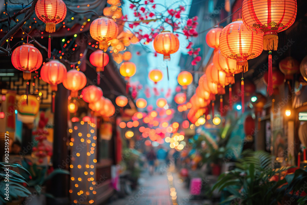 Classic oriental background with Chinese lanterns. Chinese street landscape illustration. Chinese New Year