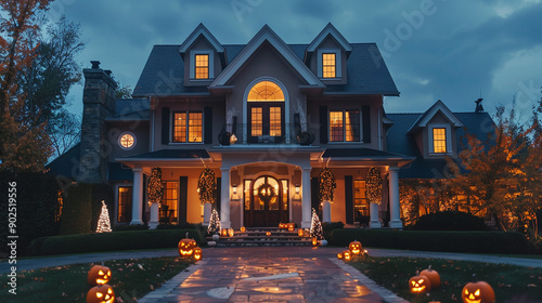 Luxurious suburban private country house decorated for Halloween photo