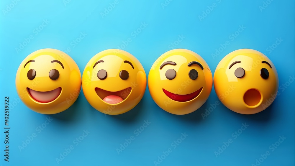 Four 3D Emojis on a Blue Background Joy, Wink, Surprise and Smile, emoji, emoticon, smiley, 3d rendering Four 3D Emojis on a Blue Background Joy, Wink, Surprise and Smile, emoji, emoticon, smiley, 3d rendering