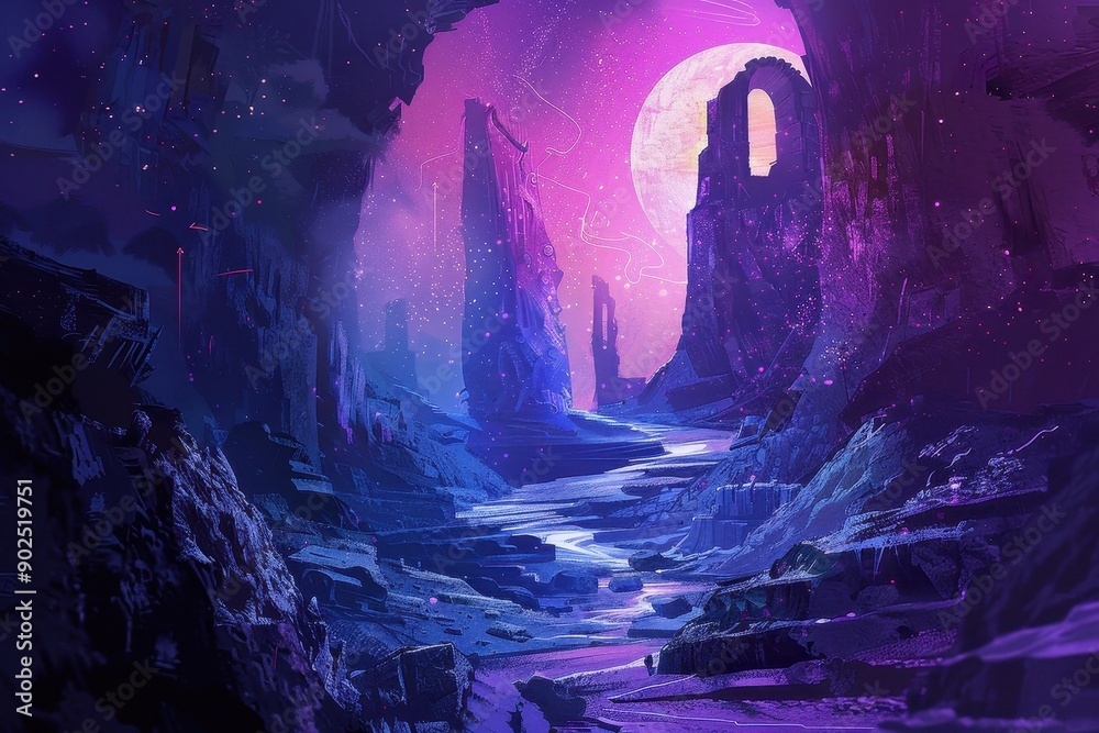 Mystical journey through an ethereal dreamscape of vibrant colors and ancient ruins Mystical journey through an ethereal dreamscape of vibrant colors and ancient ruins