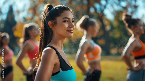 Slender athletic woman in sportswear doing warm-up in a group of athletes in a sunny autumn park